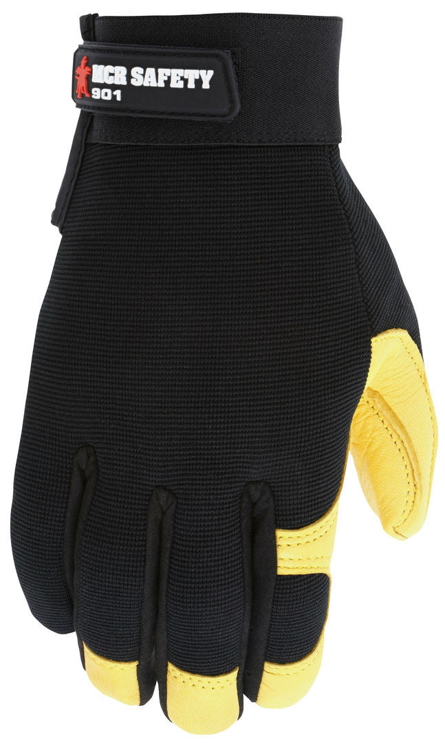 Mechanics Gloves, Grain Deerskin Palm, Spandex Back, Adjustable Closure
