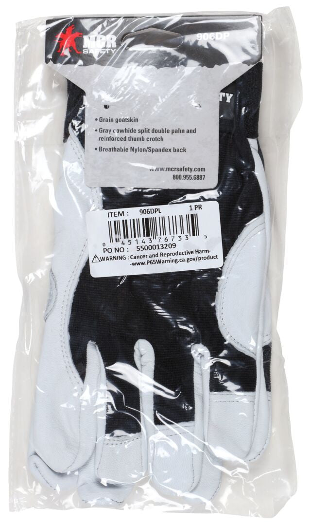 Mechanics Gloves, Grain Goatskin, Cowhide Double Palm, Hook-and-Loop Closure