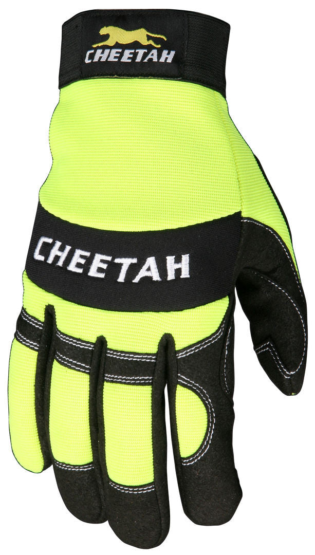 Cheetah MT Hi-Vis Lime Mechanics Gloves, Synthetic Leather Palm, Vented, Adjustable Closure