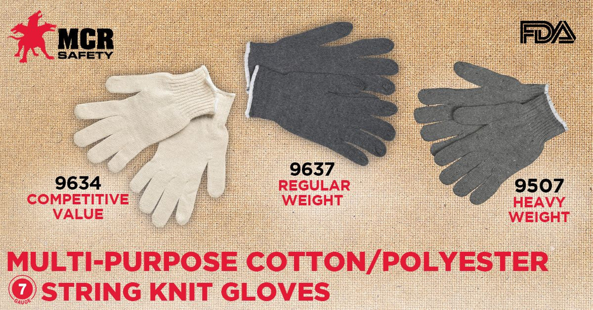 String Knit Work Gloves, Cotton/Polyester Blend, 7 Gauge, Hemmed Cuff