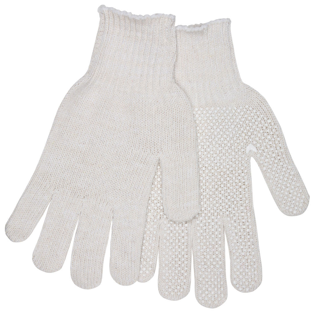 String Knit Work Gloves, Cotton Polyester Blend, Single-Sided White PVC Dot Grip