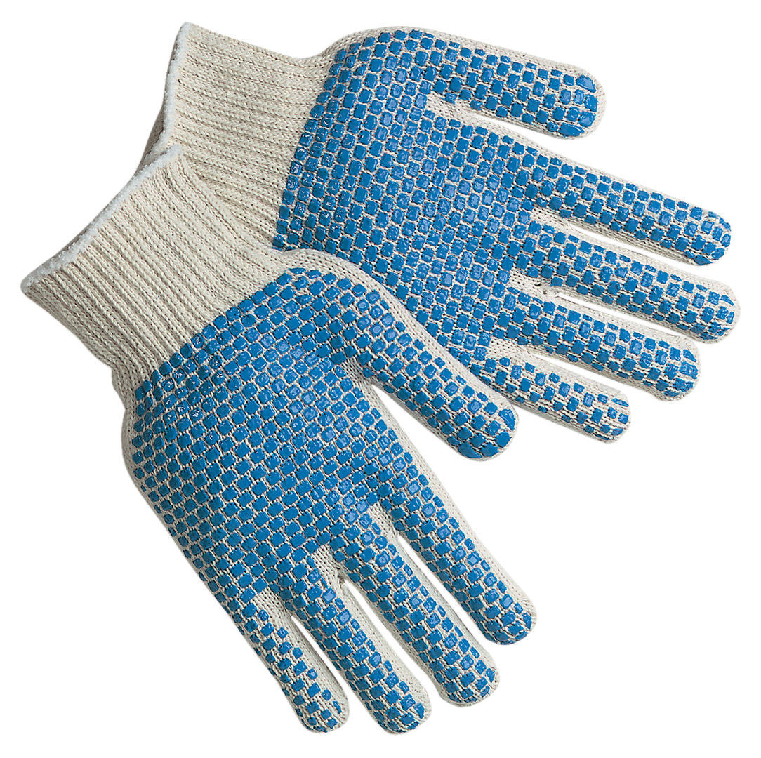 Cotton/Polyester String Knit Gloves, Blue PVC Dots, Two-Sided Grip
