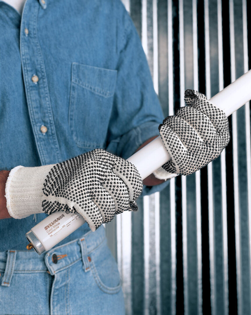 String Knit Work Gloves, 7 Gauge Cotton/Polyester, Double-Sided PVC Dots