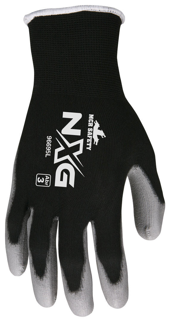 NXG Work Gloves, 15-Gauge Black Nylon, Gray Polyurethane Palm, Latex Free