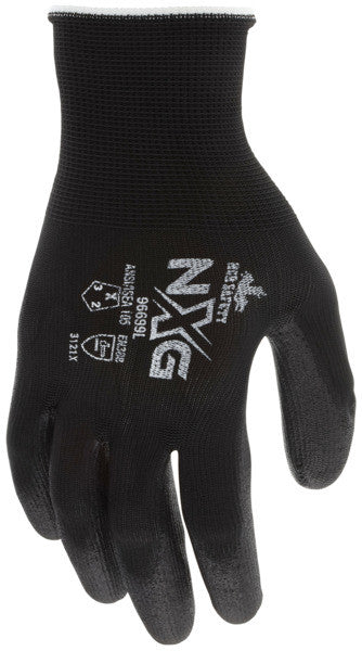 NXG Work Gloves, 13 Gauge Polyester Shell, Black Polyurethane Palm Coating