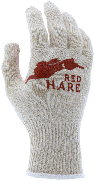 Red Hare String Knit Cotton Gloves, Russet Nitrile Palm, Knit Wrist