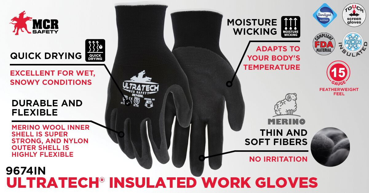 UltraTech Insulated Work Gloves, 15g Nylon/Merino Wool, Micro Foam Nitrile Palm