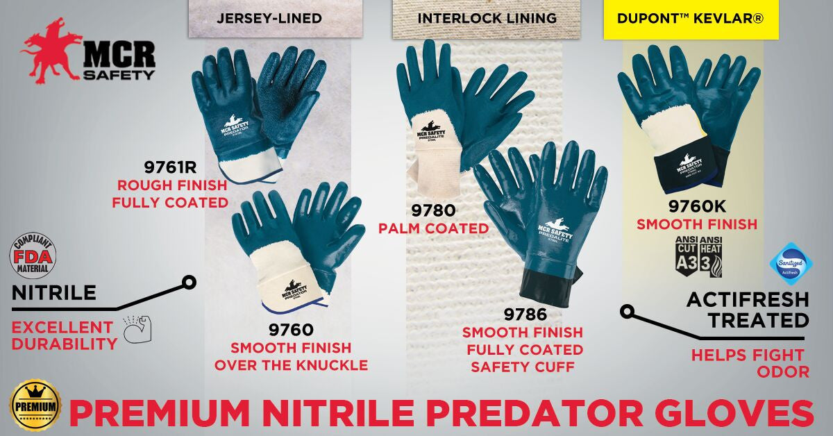 Predalite Nitrile-Coated Work Gloves, Fully Coated, Safety Cuff