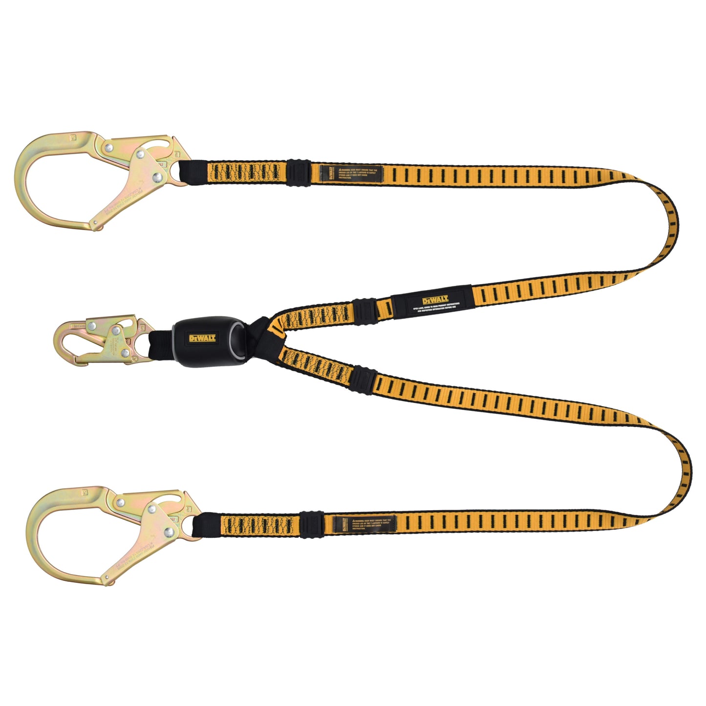 DXFP611130 DEWALT 6 ft.(1.8 m) Twin Leg Lanyard External Absorber, Snap hook on D-Ring End and Steel Rebar Hooks on Anchor End