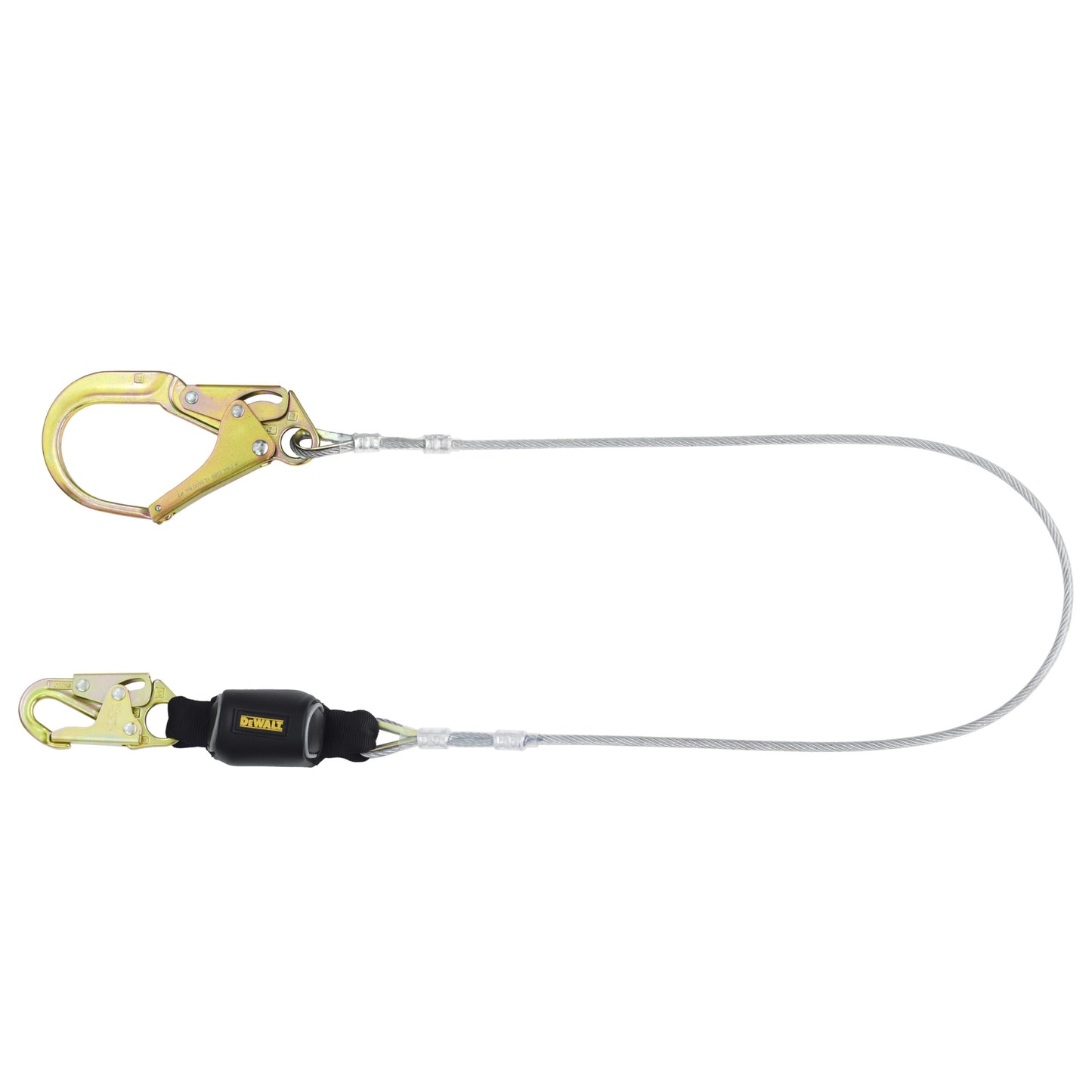 DXFP626110 DEWALT 6 ft.(1.8 m) Single Lanyard, External Energy Absorber, Leading Edge Cable with Steel Snap hooks and Steel Rebar Hook on Anchor End.