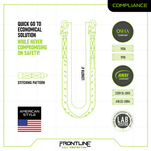 Frontline Fall LIS61S-AM Combat™ American Style Single Leg 6' Snaphook Lanyard with Internal Shock Absorber Worksite Safety & Industrial Supplies PPE