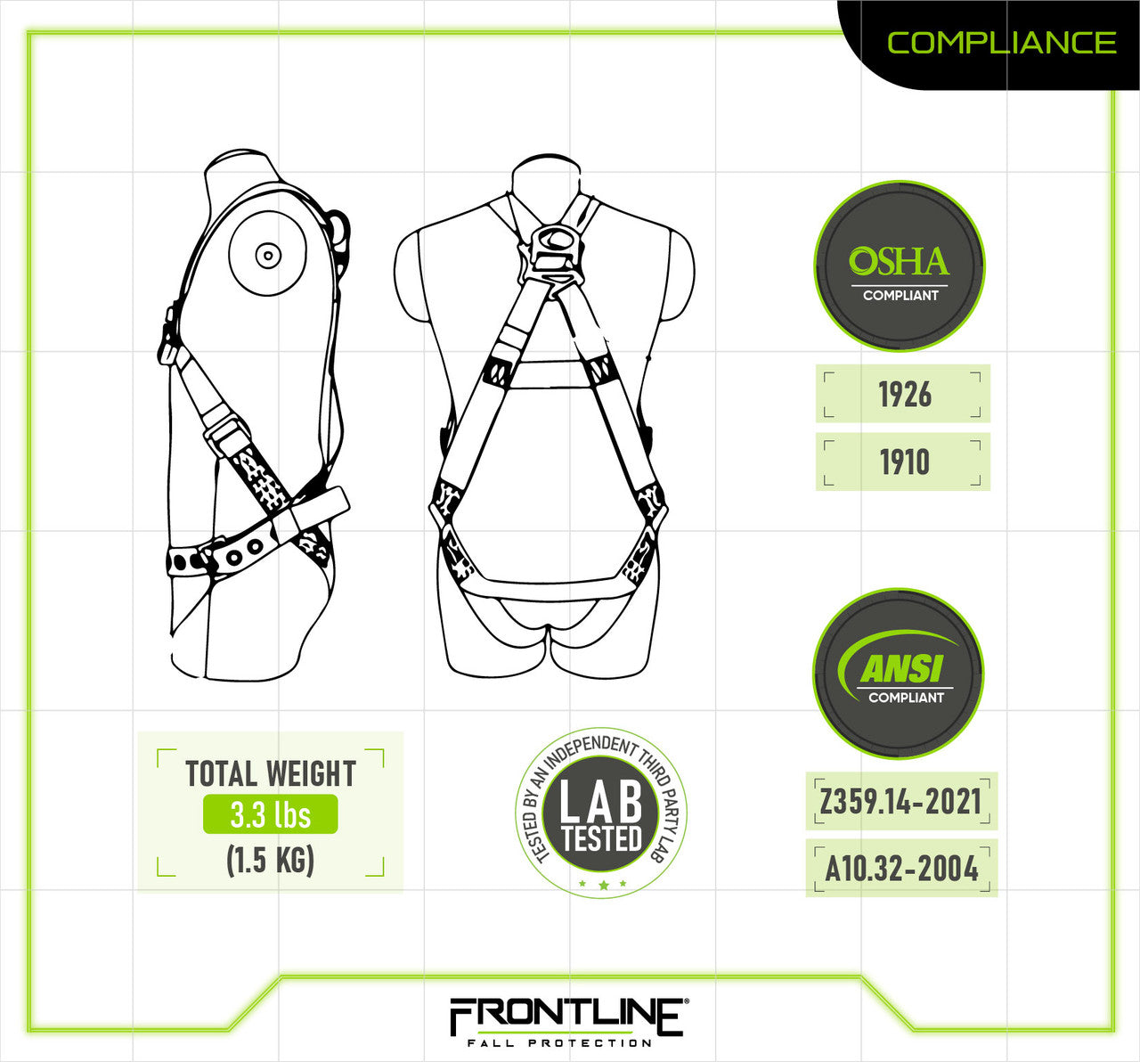 Frontline Fall 100VTB-UN-3D Combat™ Economy Series Full Body Harness with Tongue Buckle Legs (Uni) - 3D Rings Worksite Safety & Industrial Supplies PPE