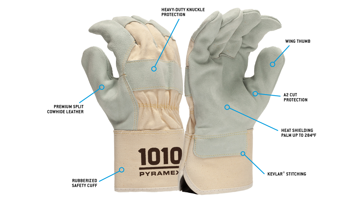 Pyramex GL1010W - Premium Split Cowhide Leather Palm + Safety Cuff A2 Cut Cut-Resistant Gloves Small model GL1010WS