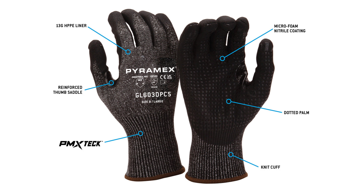 Pyramex GL603DPC5 - Micro-Foam Nitrile Dotted A4 Cut Cut-Resistant Gloves Small model GL603DPC5S