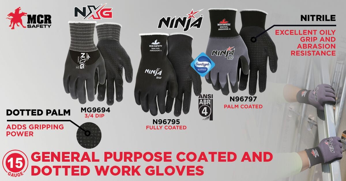 NXG Work Gloves, 15-Gauge Nylon Spandex, Bi-Polymer Coated Palm, Nitrile Dots