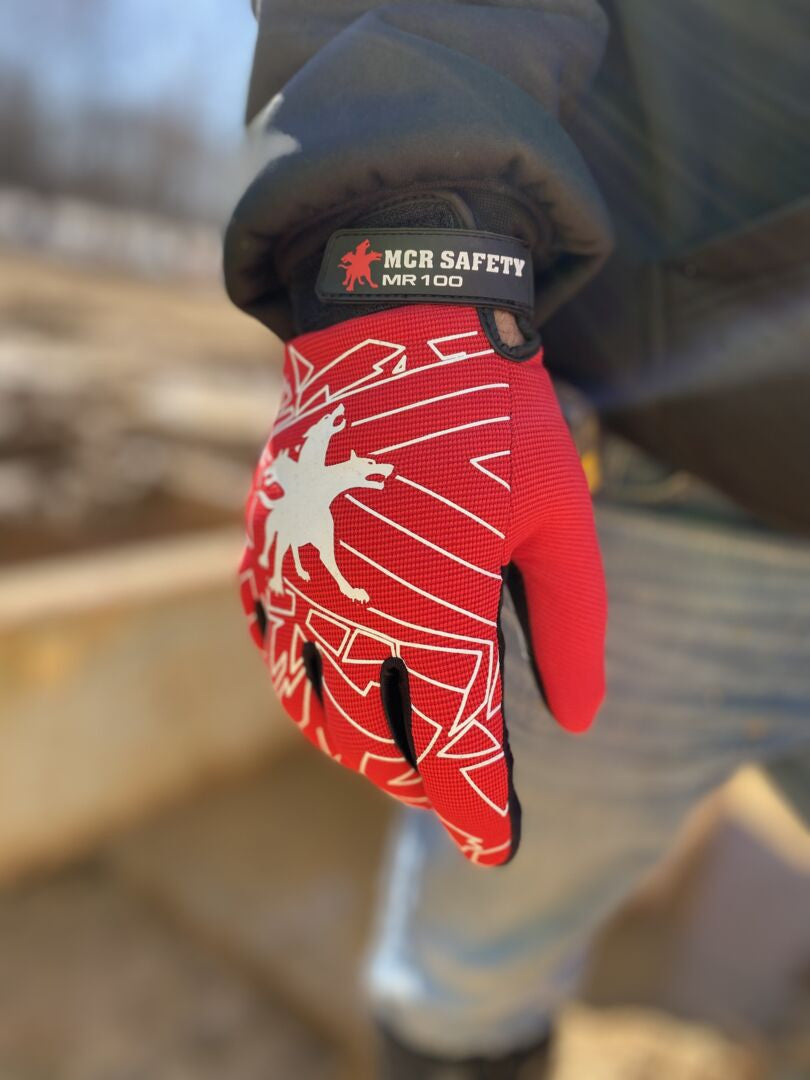 Mechanics Gloves, Synthetic Leather Palm, Red Spandex Back, Adjustable Closure