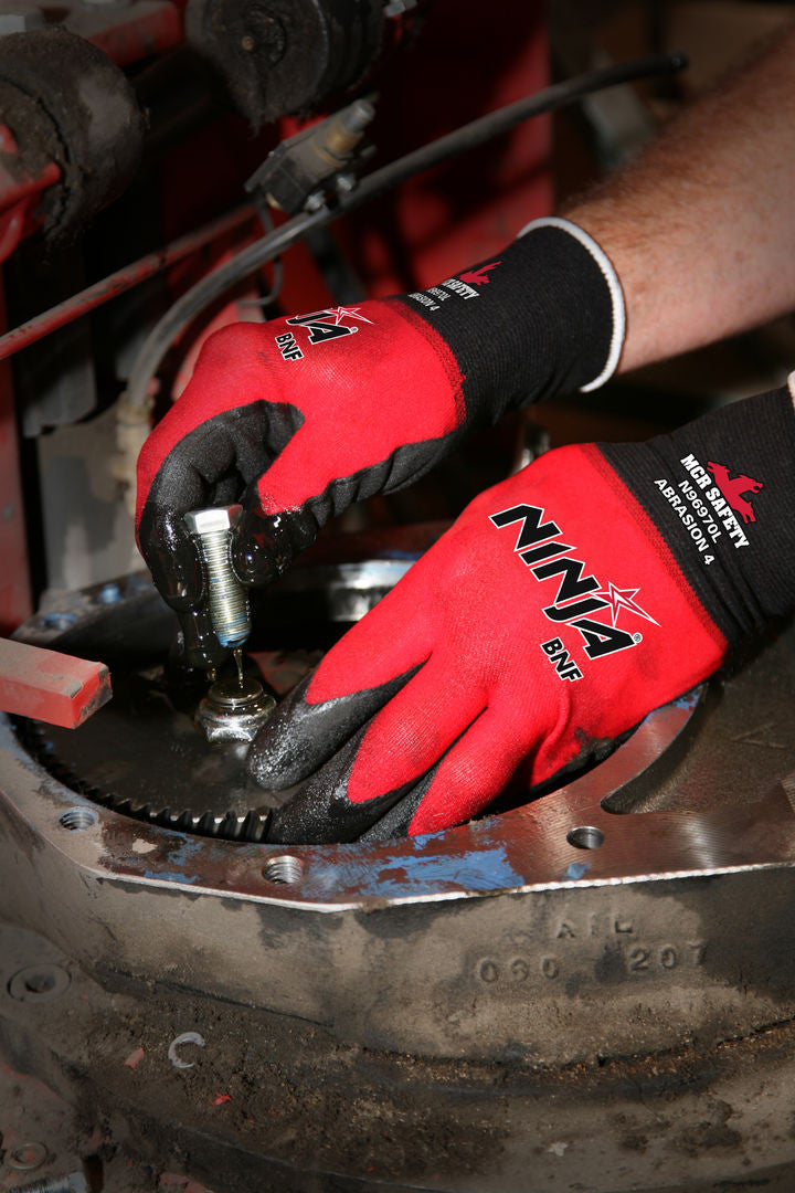 Ninja BNF Work Gloves, 18 Gauge Nylon/Spandex, Nitrile Foam Palm Coated