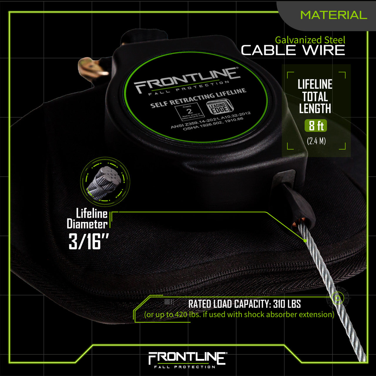 Frontline Class 1 Leading Edge Cable Single Leg SRL with Steel Snap Hook End