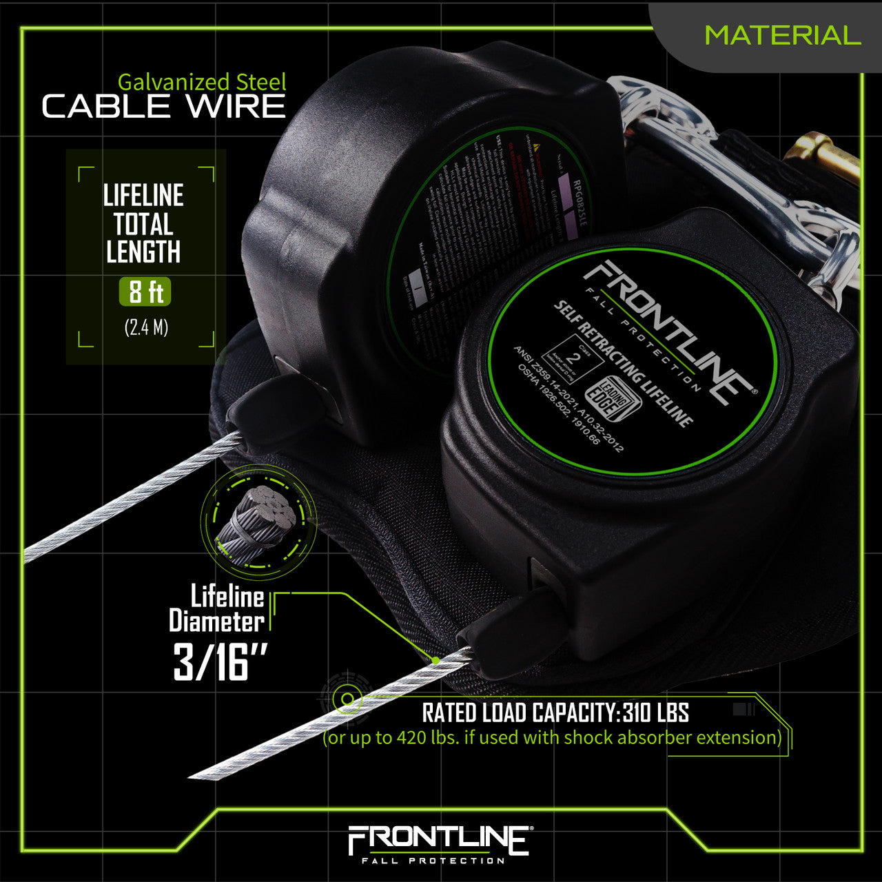 Frontline Class 1 Leading Edge Cable Single Leg SRL with Steel Snap Hook End