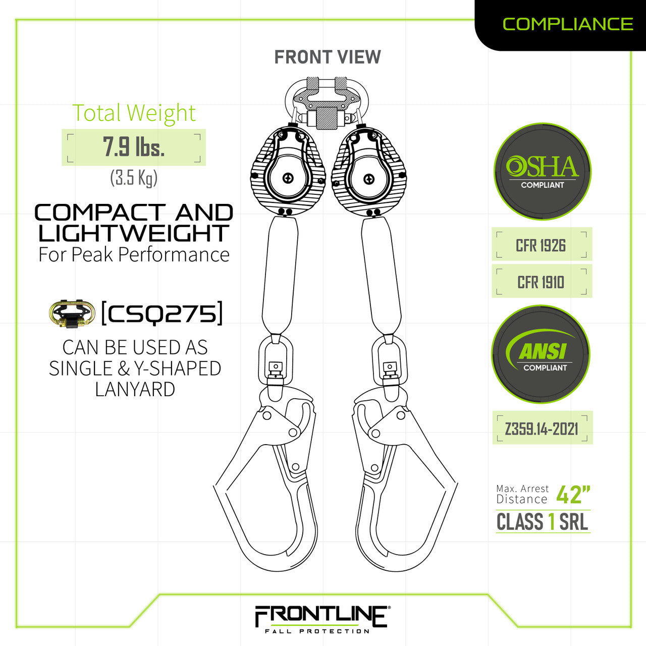 Frontline Fall RPW062R Web Twin Leg 6' SRL with Steel Rebar Hook Ends Polyurethane product image