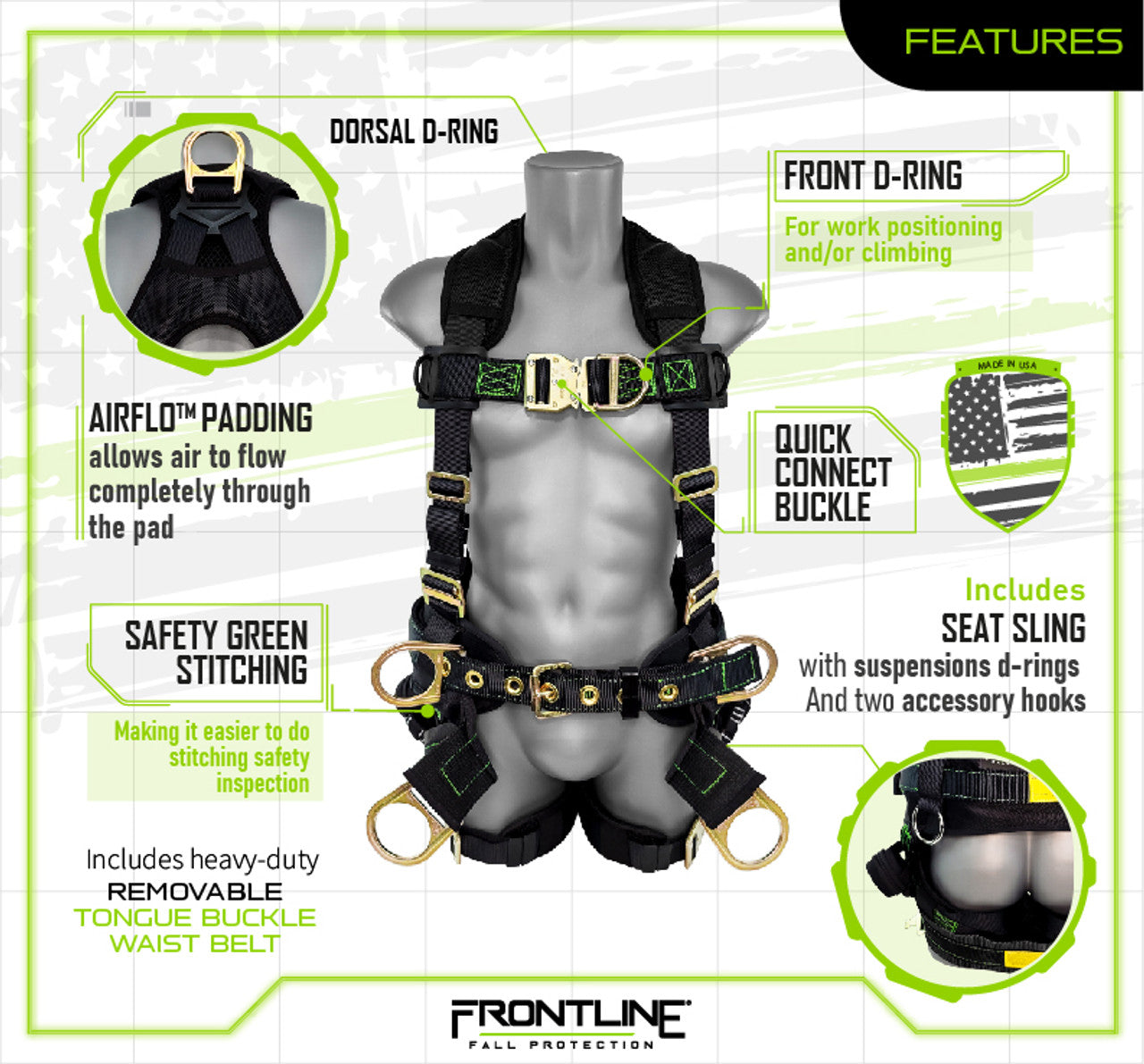 Patriot™ Tower Climbing Harness with Seat Sling, Airflo™ and Quick Connect Buckles - Made in USA 350TWQC