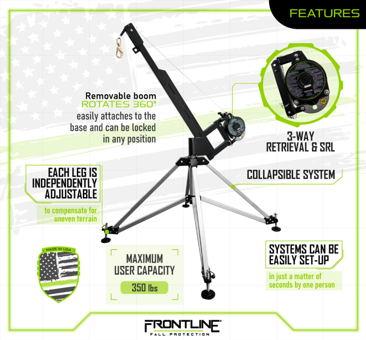 Frontline QAN75RA-US Patriot™ Confined Space Quadpod with 3-Way Retrieval System - Made in USA