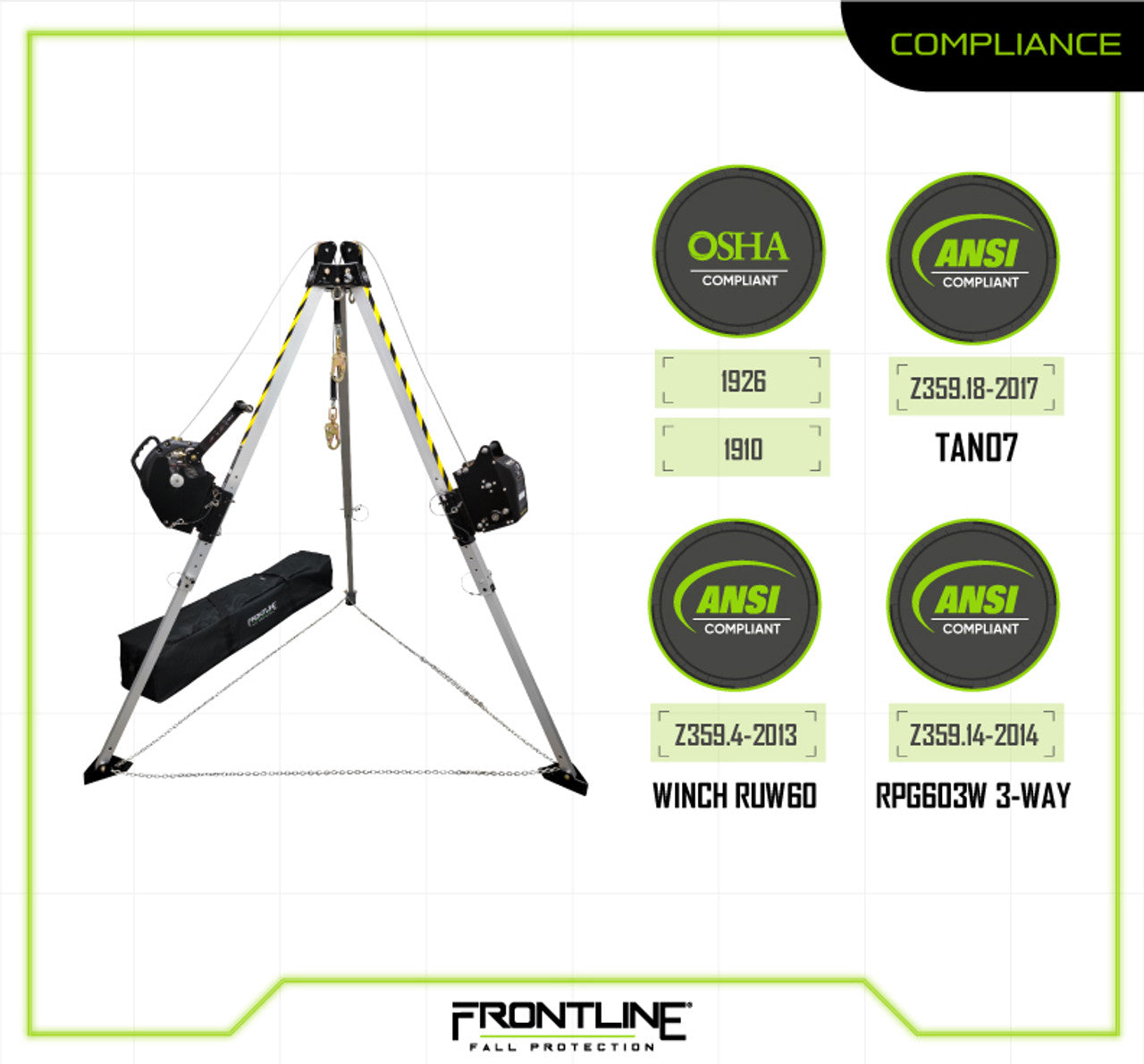 Frontline Fall TAN07RURP Frontline MEGApod Confined Space 7' Aluminum Tripod with 60' Winch and 3-Way SRL Polyurethane