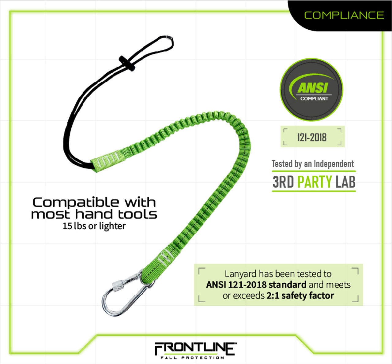 Frontline Fall TLS15 ToolGrip™ Elastic Tool Tether 15 lbs with Steel Turn Lock Carabiner – Polyurethane Worksite Safety & Industrial Supplies PPE