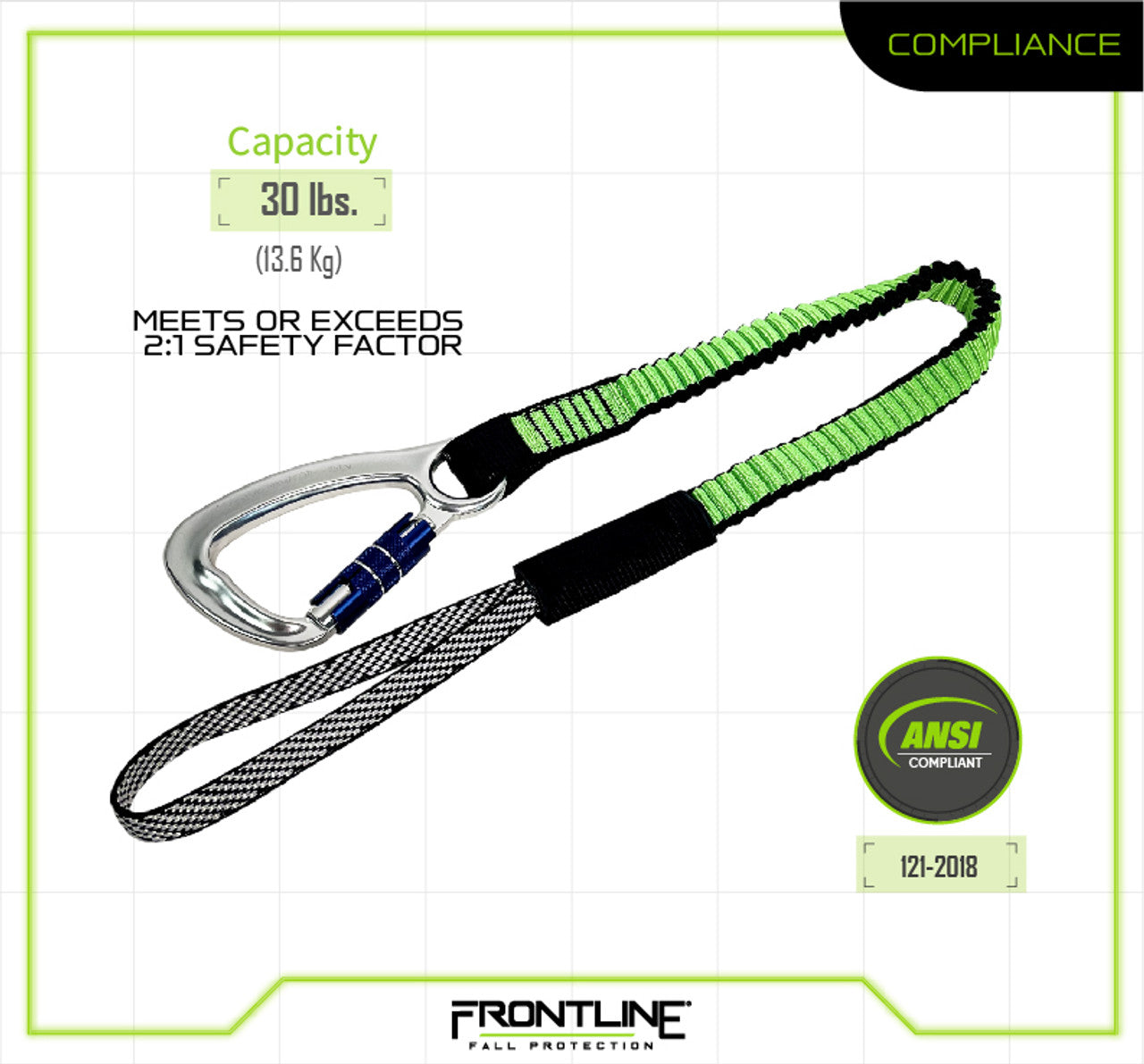 Frontline Fall TLS30 ToolGrip™ Elastic Tool Tether 30 lbs with Self-locking Aluminum Carabiner – Polyurethane Worksite Safety & Industrial Supplies PPE