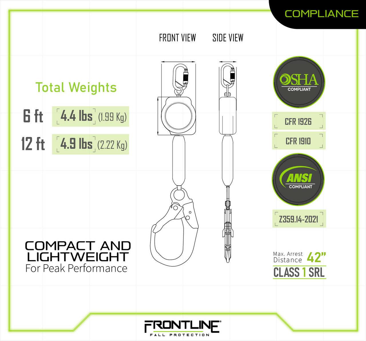Frontline Fall RPA061R RPAR Aramid Fiber Web Single Leg SRL with Steel Rebar Hook End product image