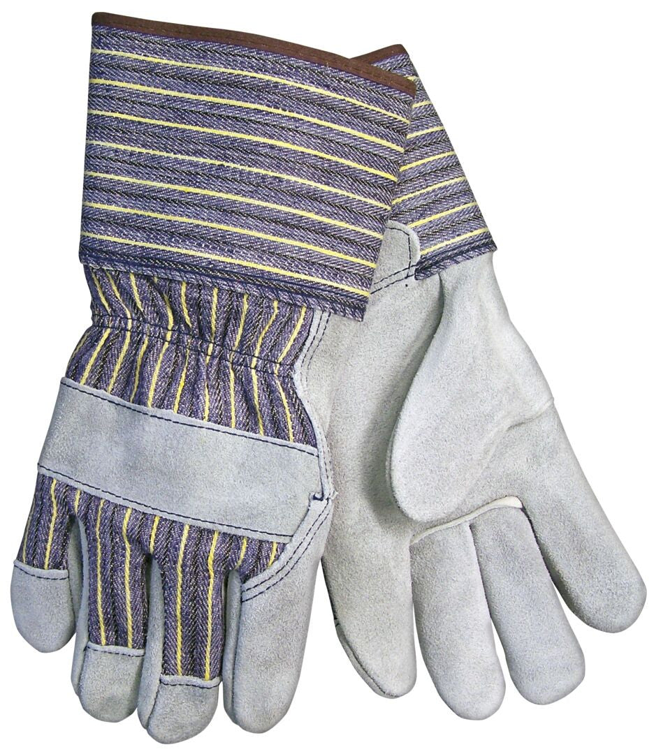Split Leather Palm Work Gloves, Plasticized Safety Cuff, Striped Fabric Back
