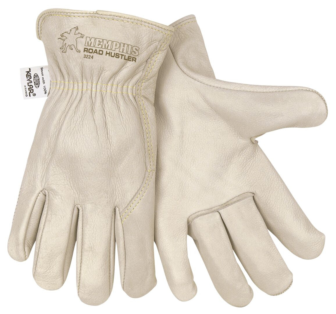 Grain Cowhide Leather Driver Gloves, Wing Thumb, Kevlar-Sewn