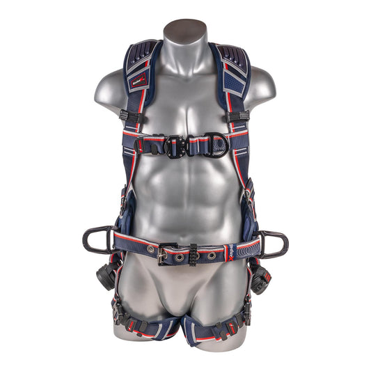 KStrong® EndurX™ 5-Point Full Body Harness, Abrasion Resistant Shoulder Pad, Premium Work Positioning Waist Pad w/Removable Tool Belt, Deluxe Leg Pads, Enhanced Dorsal D-ring Plus™, Front D-ring, Side D-rings, Premium Adjusters, Trauma Relief Straps, QC Chest/Legs, All Aluminum Hardware (ANSI)