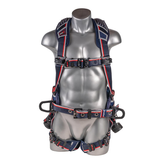 KStrong® EndurX™ 5-Point Full Body Harness, Abrasion Resistant Shoulder Pad, Premium Work Positioning Waist Pad w/Removable Tool Belt, Deluxe Leg Pads, Enhanced Dorsal D-ring Plus™, Side D-rings, Quick Slide Adjusters, Trauma Relief Straps, QC Chest/Legs, All Aluminum Hardware (ANSI)