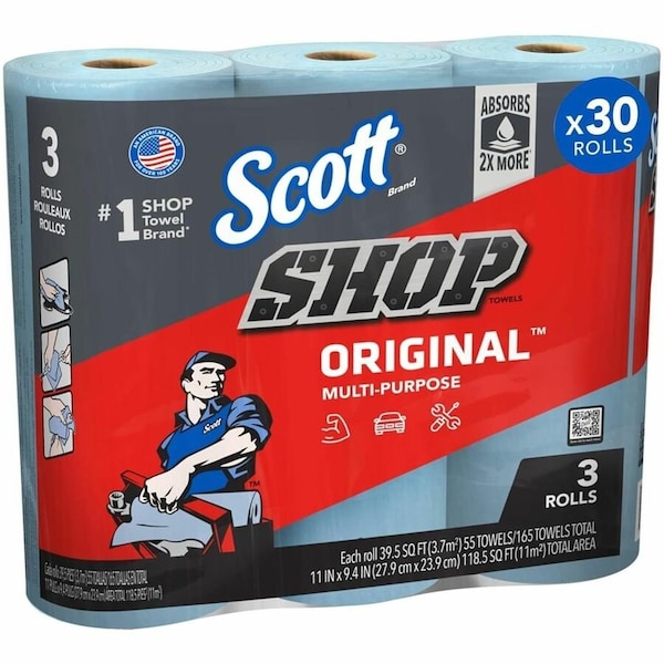 Scott Shop Towels Original, Blue, 55 Towels/Roll, 30 Rolls/Case - 75143