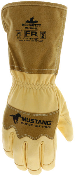 MU3644 - Mustang Rodeo CutPro® - Utility Leather Work Gloves - Premium A Grade Grain Goatskin - Double Palm - Sewn & Lined with DuPont™ Kevlar ® - 5 Inch Pigskin Leather Bell Cuff - Wing Thumb - This FR Glove has an Arc Rating of 24 cal/cm²