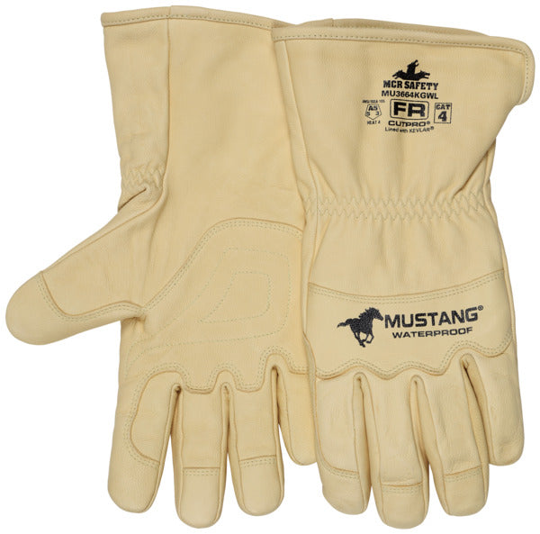 MU3664KGW - Mustang® HiDex Leather Utility Gloves - 4 Inch Gauntlet Cuff - Kevlar® Aramid Lined & Sewn - Waterproof Bladder - Premium A Grade Honey Gold Grain Goatskin - Reinforced Thumb & Index Finger - Double Palm - CAT4 FR - Arc Rating 50 cal/cm²