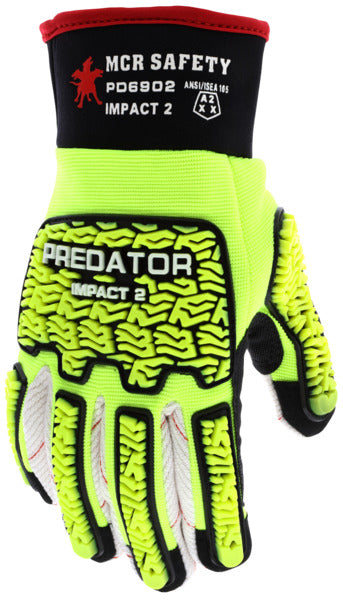 PD6902 - Predator® Mechanics Gloves - Hi-Visibility Work Gloves - Tire Tread TPR on Back, Fingers, and Thumb - Corded Cotton Double Palm - Rienforced Thumb Crotch - Adjustable Open Neoprene Cuff