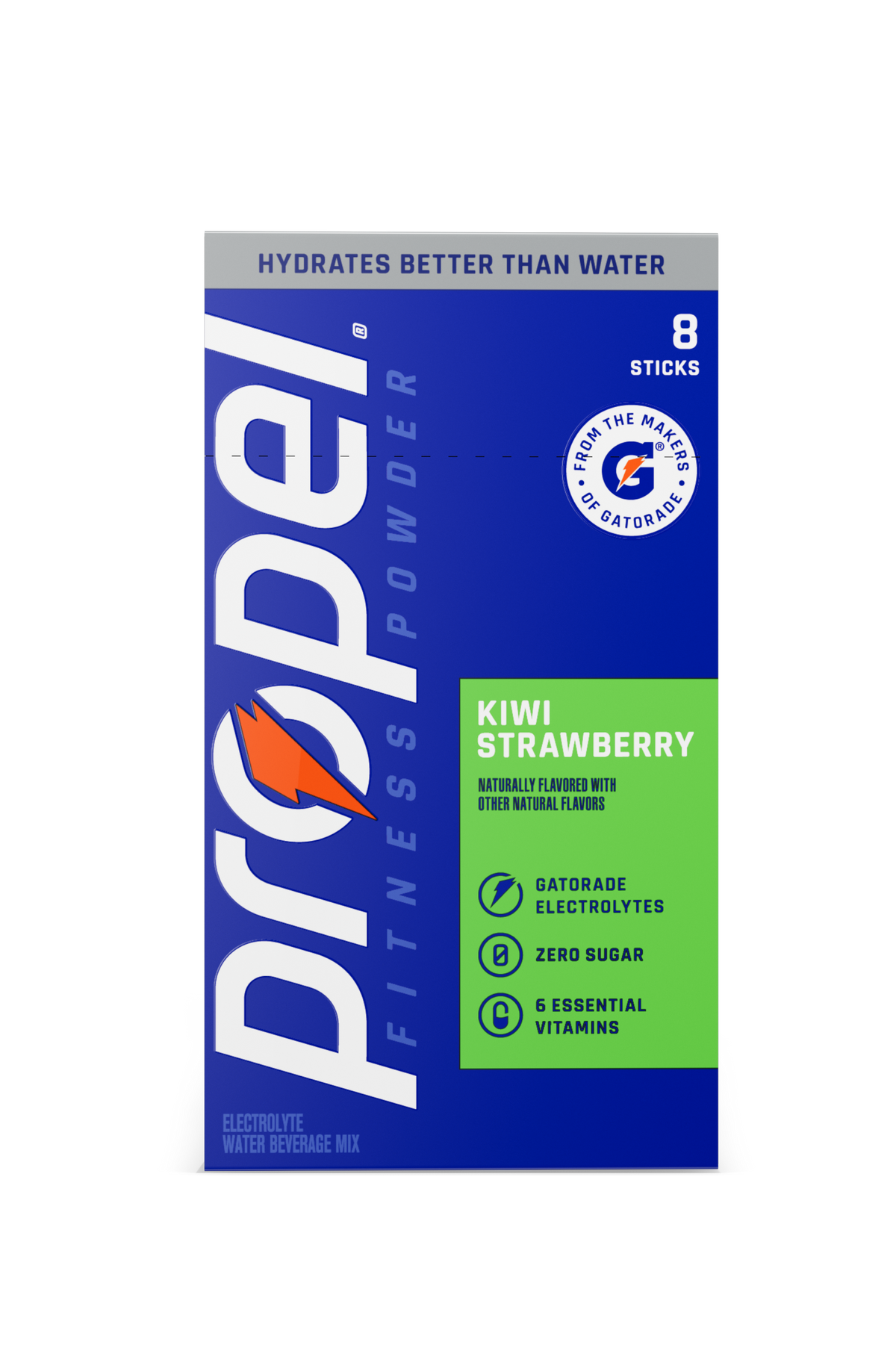 Propel Kiwi Strawberry electrolyte powder 8-stick carton and single stick