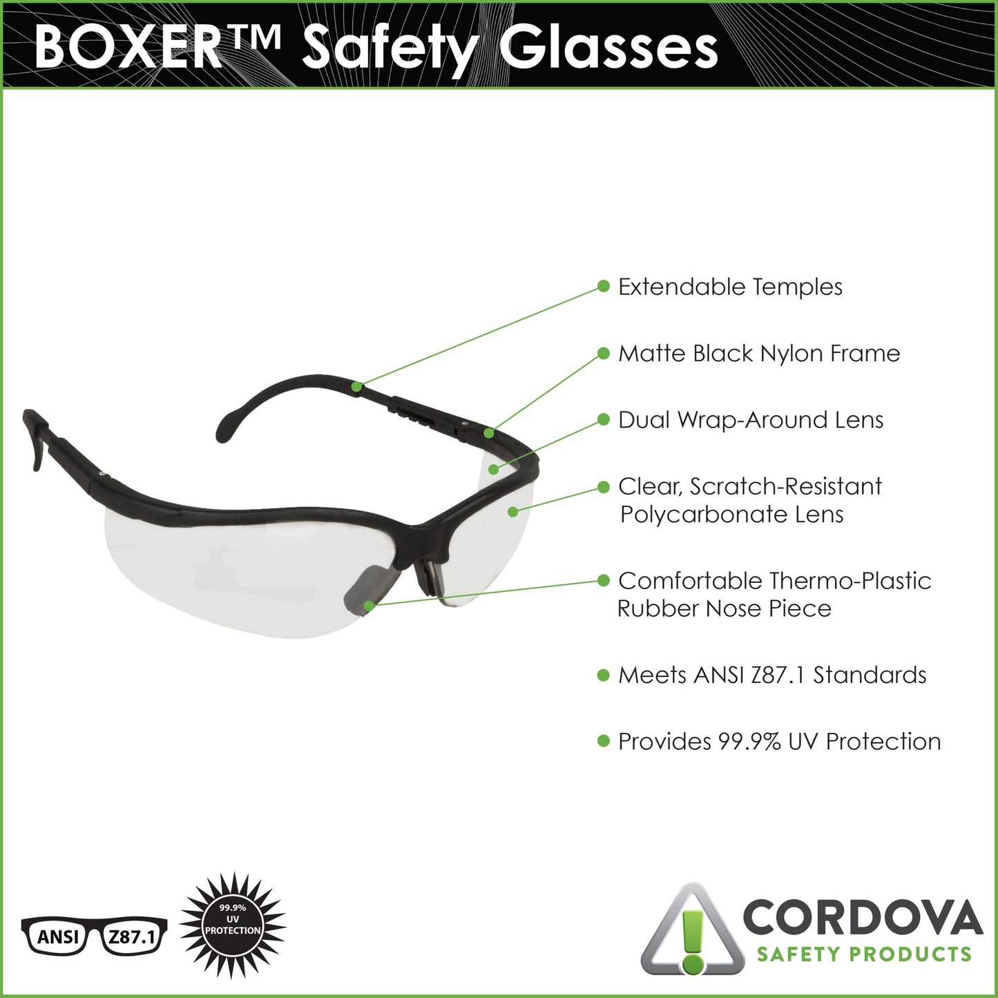 Cordova Boxer™ Black Frame, Clear Lens, Exten #EKB10S image 6