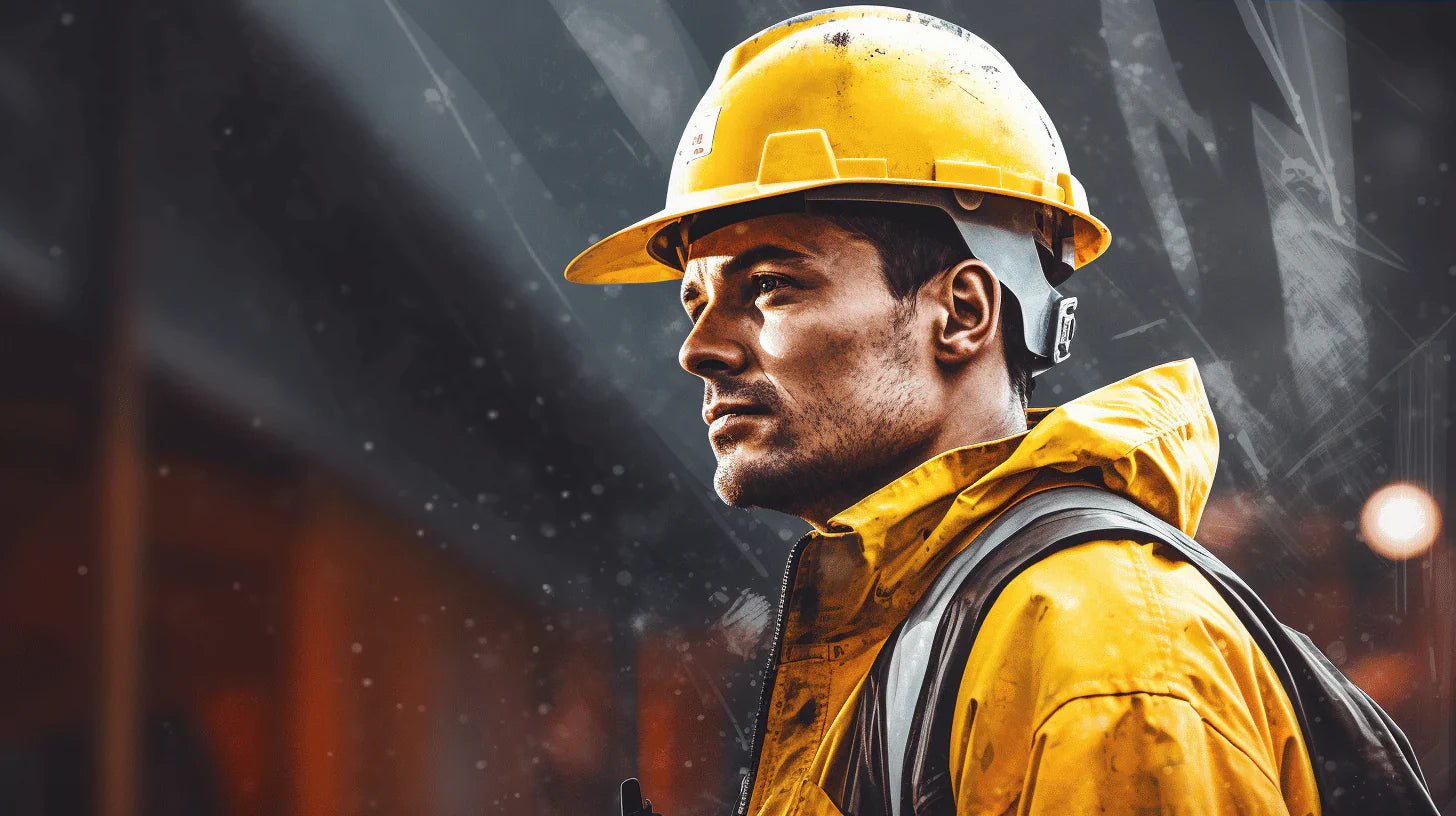 Construction worker wearing waterproof rain jacket on jobsite