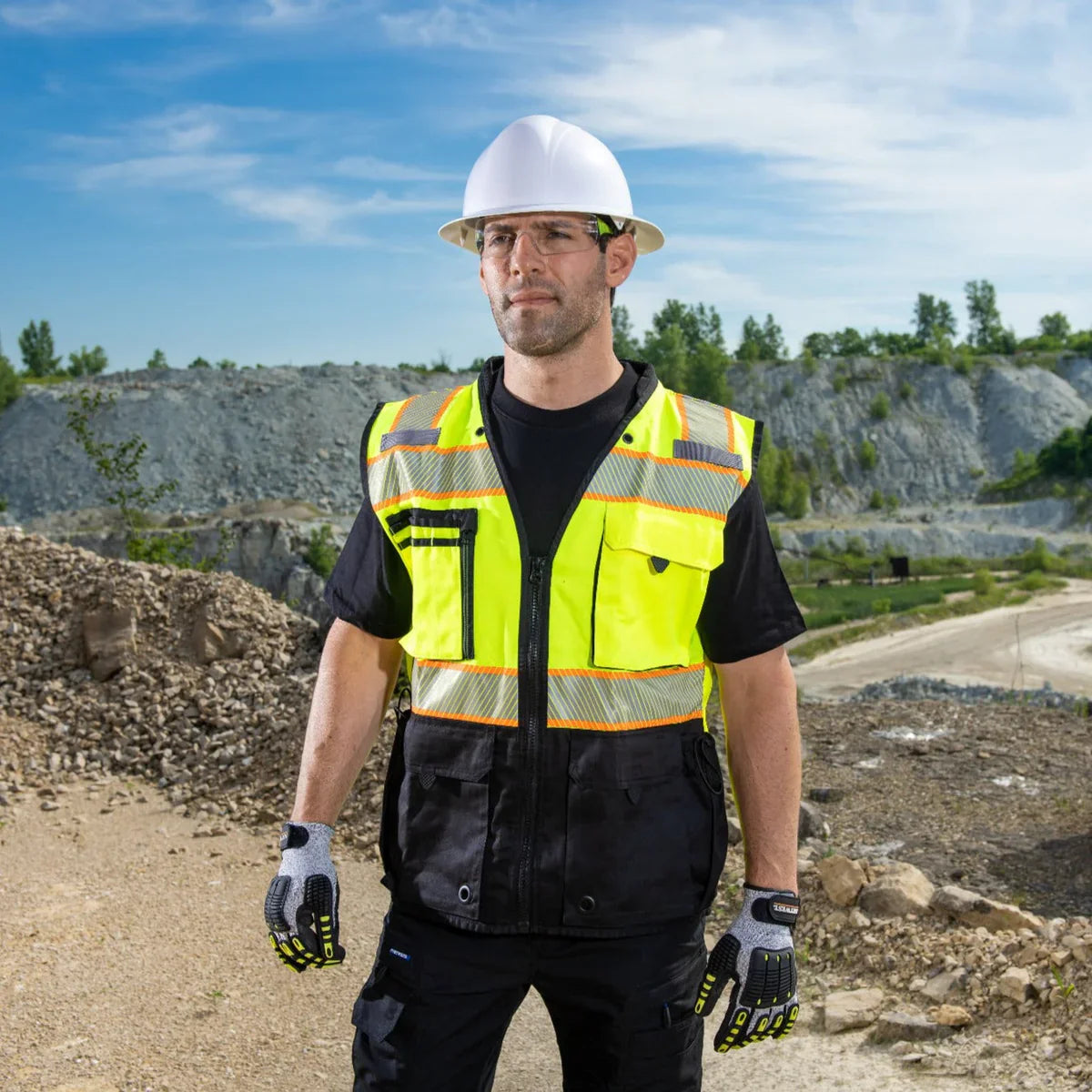 High visibility safety vest worn on construction site