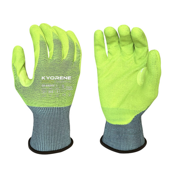 18g Hi Vis Kyorene Pro® Liner With Hi Vis HCT® Lite Nitrile Palm Coating, Thumbcrotch Reinforcement, Touch Screen, ANSI A4