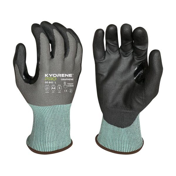 18g Gray Kyorene Pro® Liner With Black PU Palm Coating, Thumbcrotch Reinforcement, Touch Screen,ANSI A4
