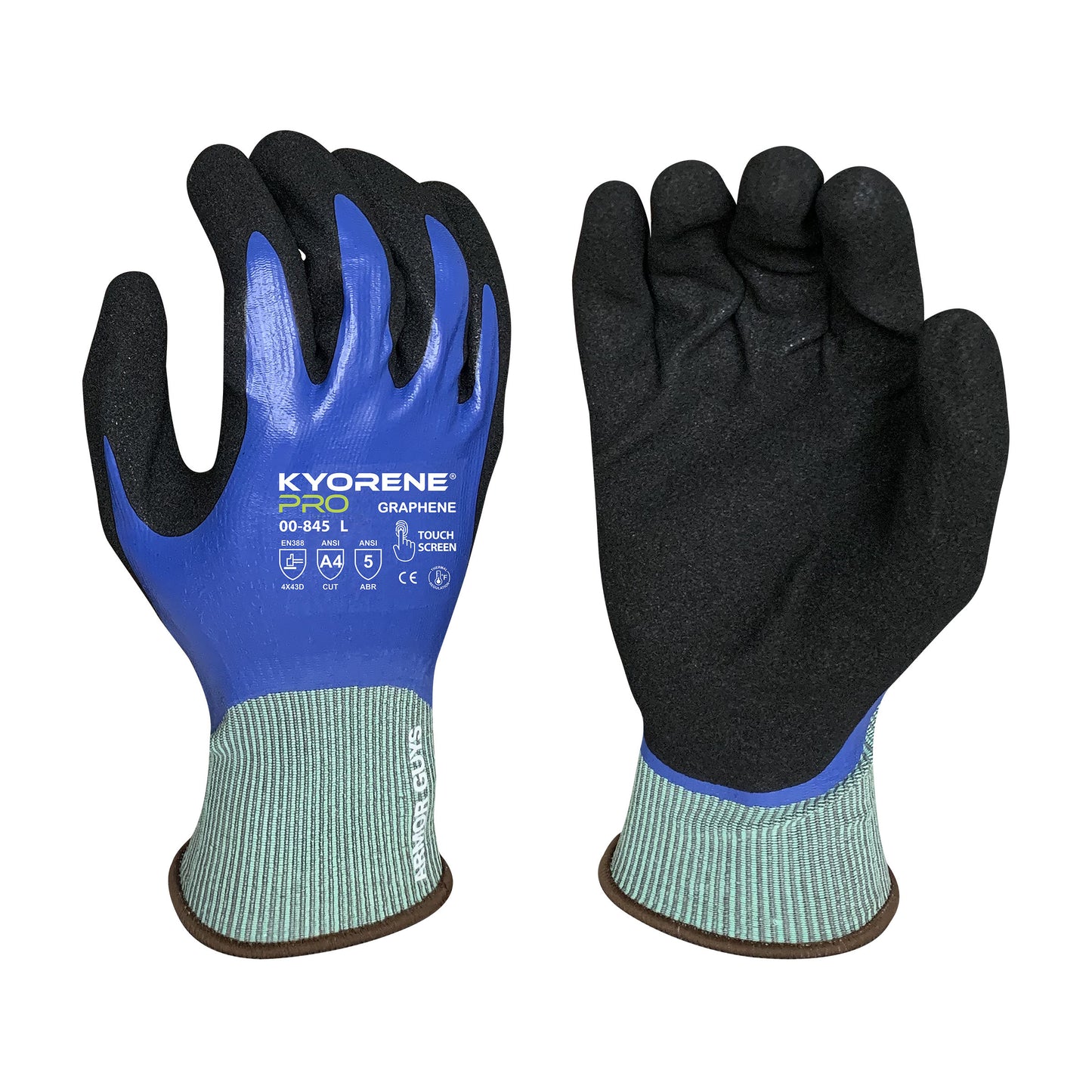 18g Gray Kyorene Pro® Liner, Full NBR Blue Dip And a 2nd Black HCT® Nitrile Palm Coating, ANSI A4