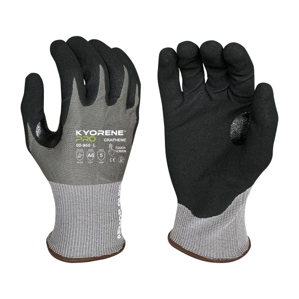 18g Gray Kyorene Pro® Liner With Black HCT® Micro Foam Nitrile Palm Coating, Thumbcrotch Reinforcement, Touch Screen, ANSI A6