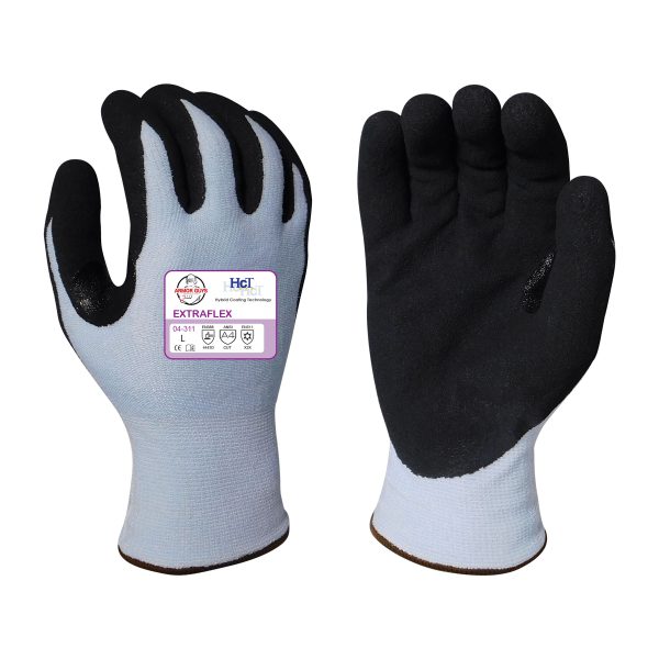 13g ExtraFlex® Cut Resistant Light Blue Engineered Liner With 7g Poly-Acrylic Lining, Black Nitrile Micro Foam HCT® Palm Coating And Nitrile Reinforced Thumb Crotch, ANSI A4