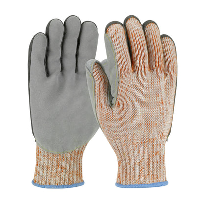PIP 09-H550SLPV – Scrap King™ Seamless Knit A9 HPPE Blend Glove with Split Cowhide Leather Palm and Aramid Stitching - Vend-Ready