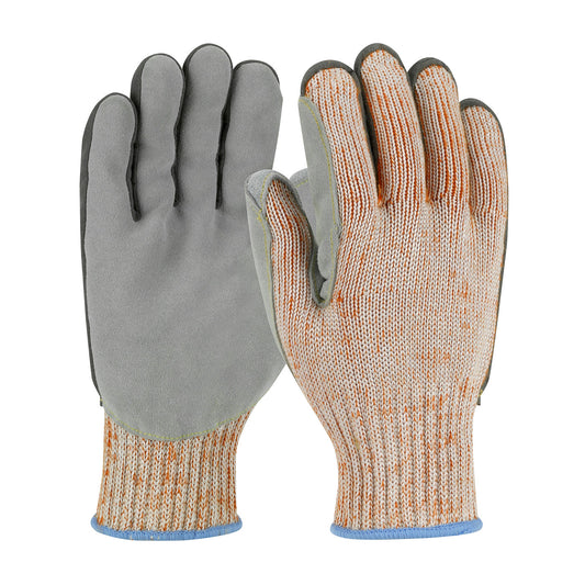 PIP 09-H550SLPV – Scrap King™ Seamless Knit A9 HPPE Blend Glove with Split Cowhide Leather Palm and Aramid Stitching - Vend-Ready