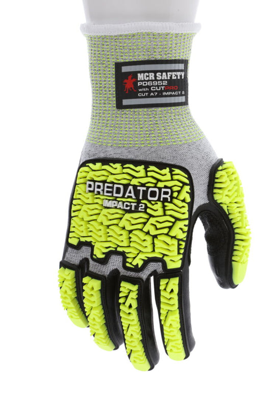 PD6952 - Predator® Mechanics Work Gloves - Hi-Visibility Impact Resistant Work Gloves - Cut Resistant HyperMax® HPPE Shell - Tire Tread TPR on Back, Fingers, and Thumb - Bi-polymer Coated Palm and Fingers - Reinforced Thumb Crotch for Prolonged Wear